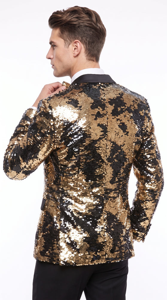Men’s Big and Tall Black and Gold Sequin Blazer, Shiny Formal Tuxedo Sport Coat with Matching Bow Tie