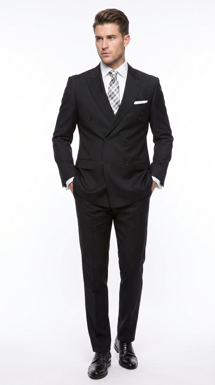 Statement Confidence Men’s Black Double Breasted Wool Suit, Italian Design Formal Wedding Business Suit