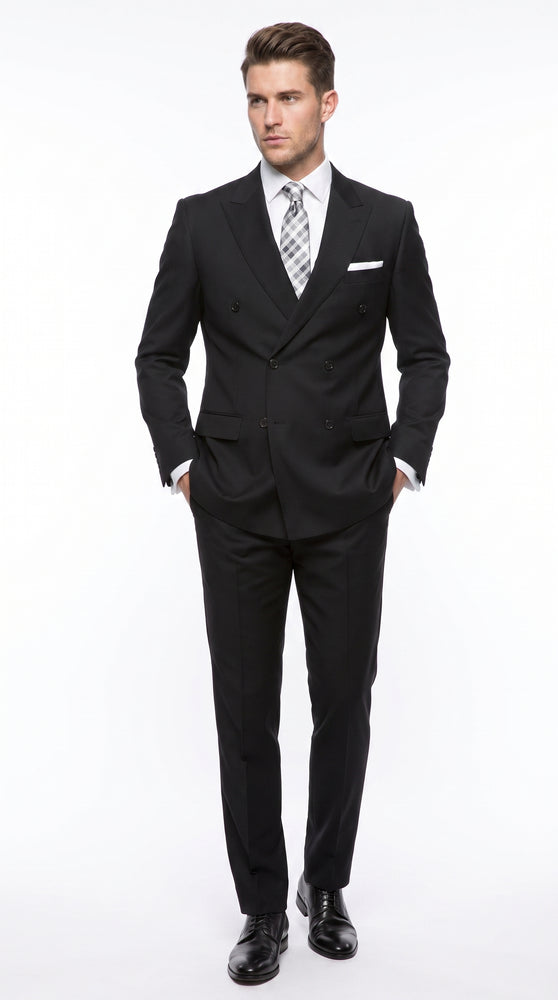 Statement Confidence Men’s Black Double Breasted Wool Suit, Italian Design Formal Wedding Business Suit