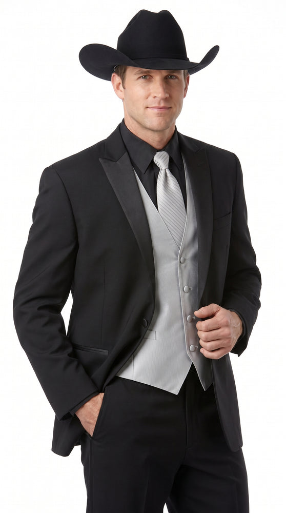 Men’s Black Western Cowboy Suit, Country Wedding Tuxedo with Silver Vest