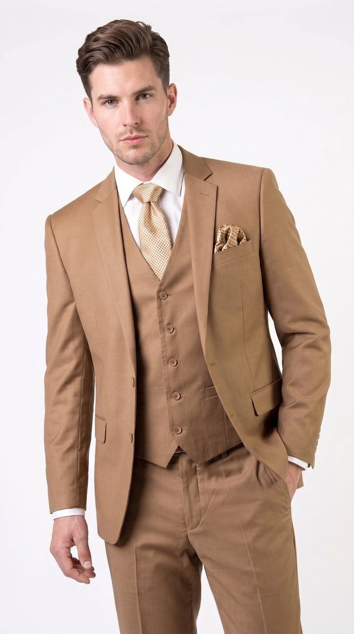 Men’s Camel Vested Suit, 3 Piece Formal Wedding Business Dress Suit