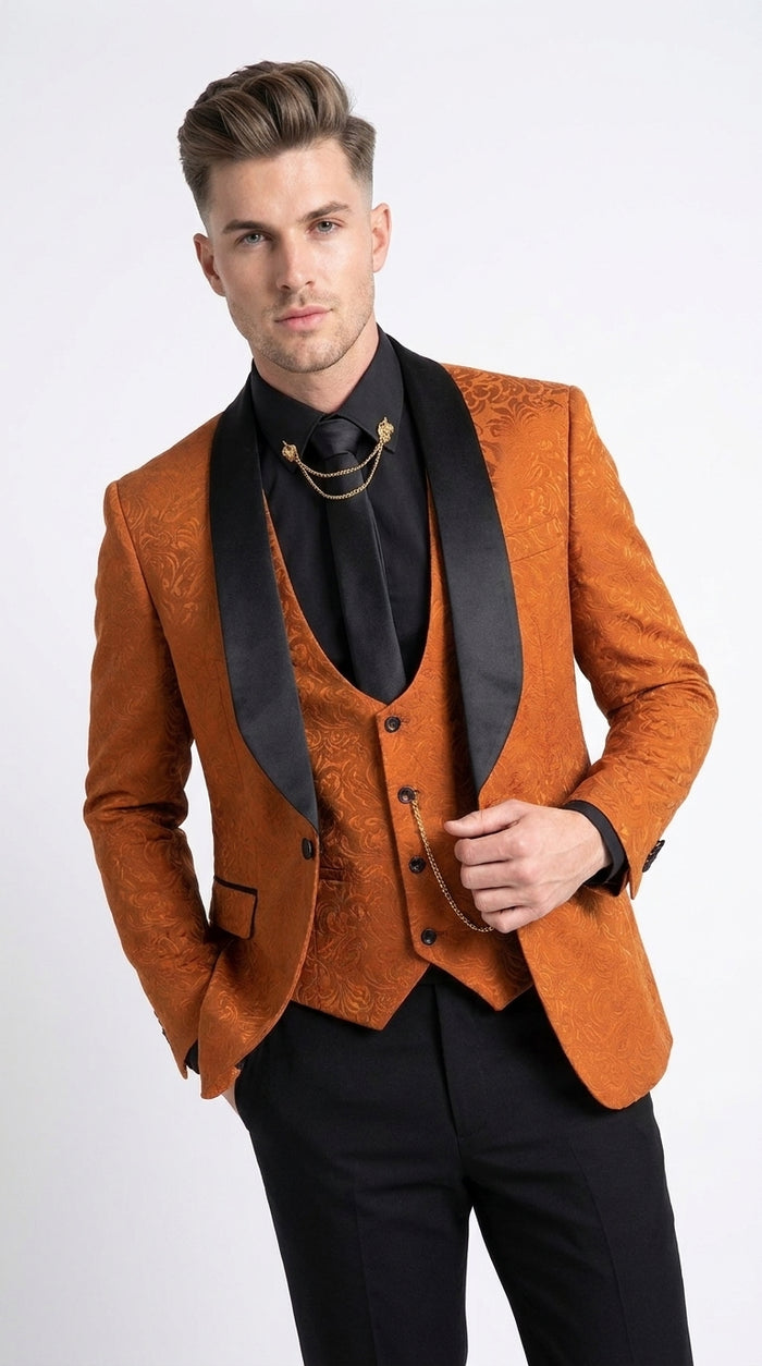 Men’s Burnt Orange Floral Brocade Tuxedo, Designer Formal Wedding Prom Dinner Suit