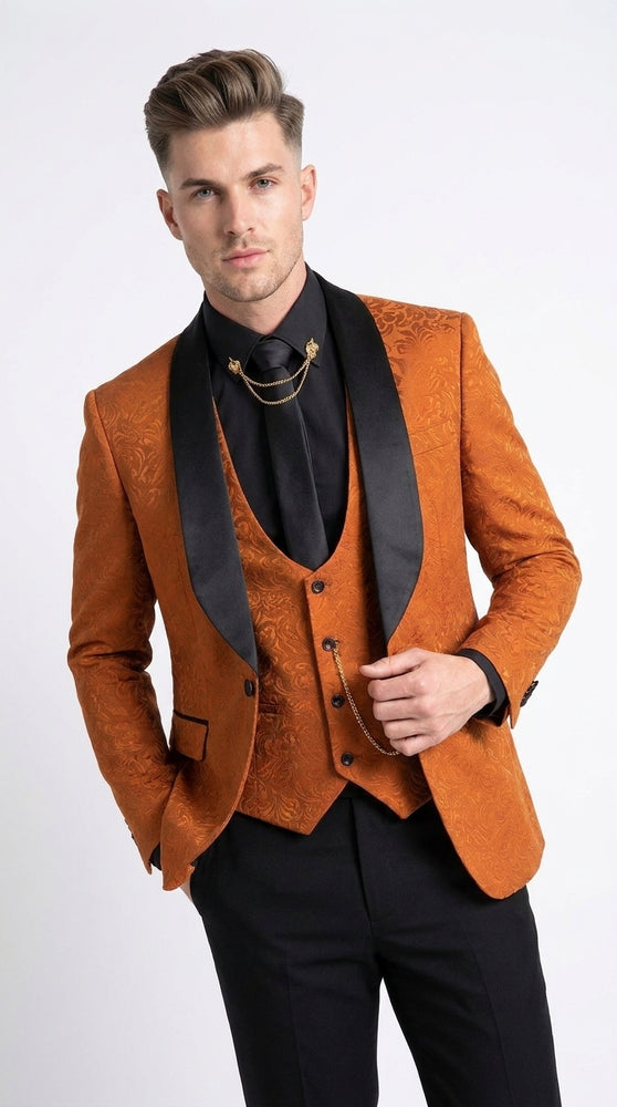 Men’s Burnt Orange Floral Brocade Tuxedo, Designer Formal Wedding Prom Dinner Suit