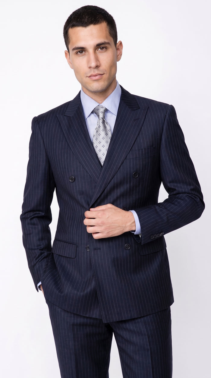 Men’s Dark Navy Blue Pinstripe Double Breasted Suit, Formal Business Wedding Dress Suit