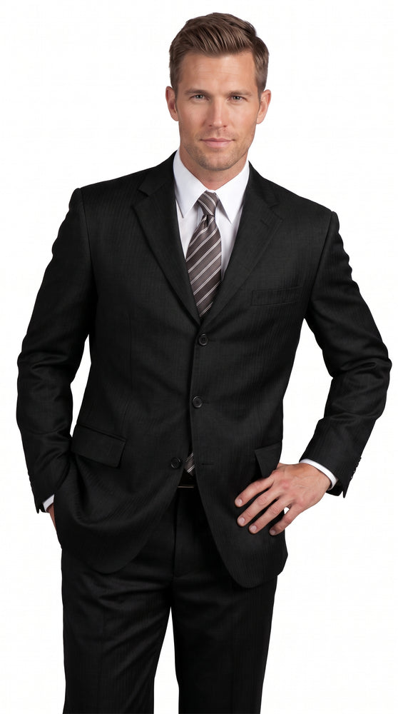 Men’s Black 3 Button 100% Wool Suit, Classic Business Formal Wedding Dress Suit