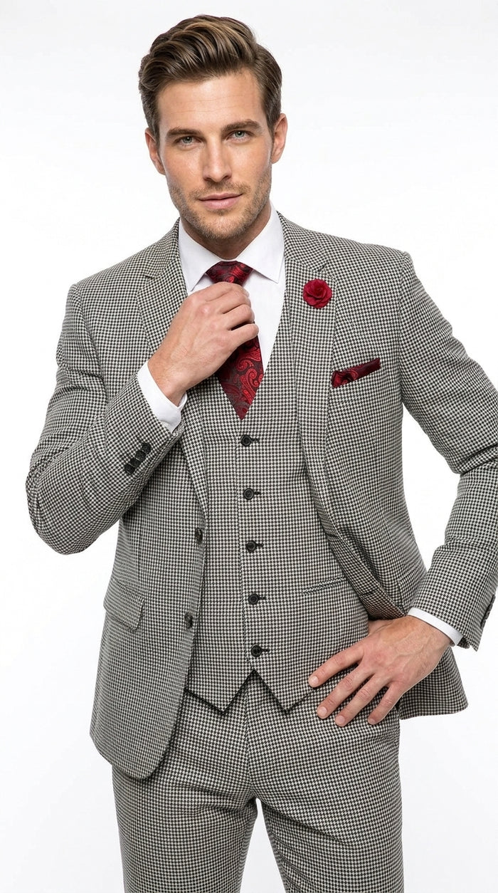 Men’s Black and White Houndstooth Tweed 3 Piece Suit, Vested 2 Button Formal Dress Suit