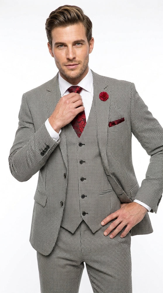 Men’s Black and White Houndstooth Tweed 3 Piece Suit, Vested 2 Button Formal Dress Suit
