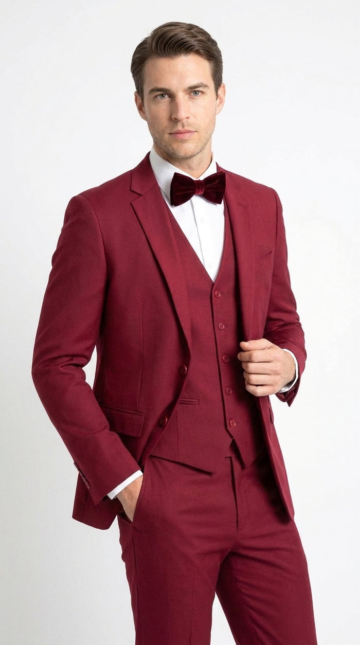 Men’s Red 3 Piece Suit, Tapered European Cut Formal Wedding Prom Suit