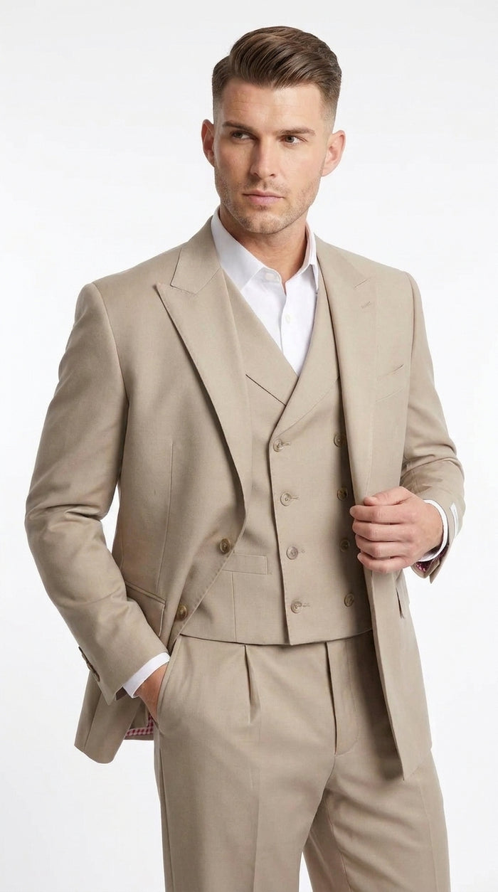 Tiglio Rosso Men’s Tan 3 Piece Italian Wool Suit, Classic Fit Peak Lapel Wide Leg Dress Suit