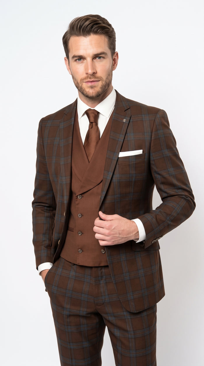 Statement Men’s Brown Plaid 3 Piece Wool Suit, Classic Fashion Suit with Double Breasted Vest