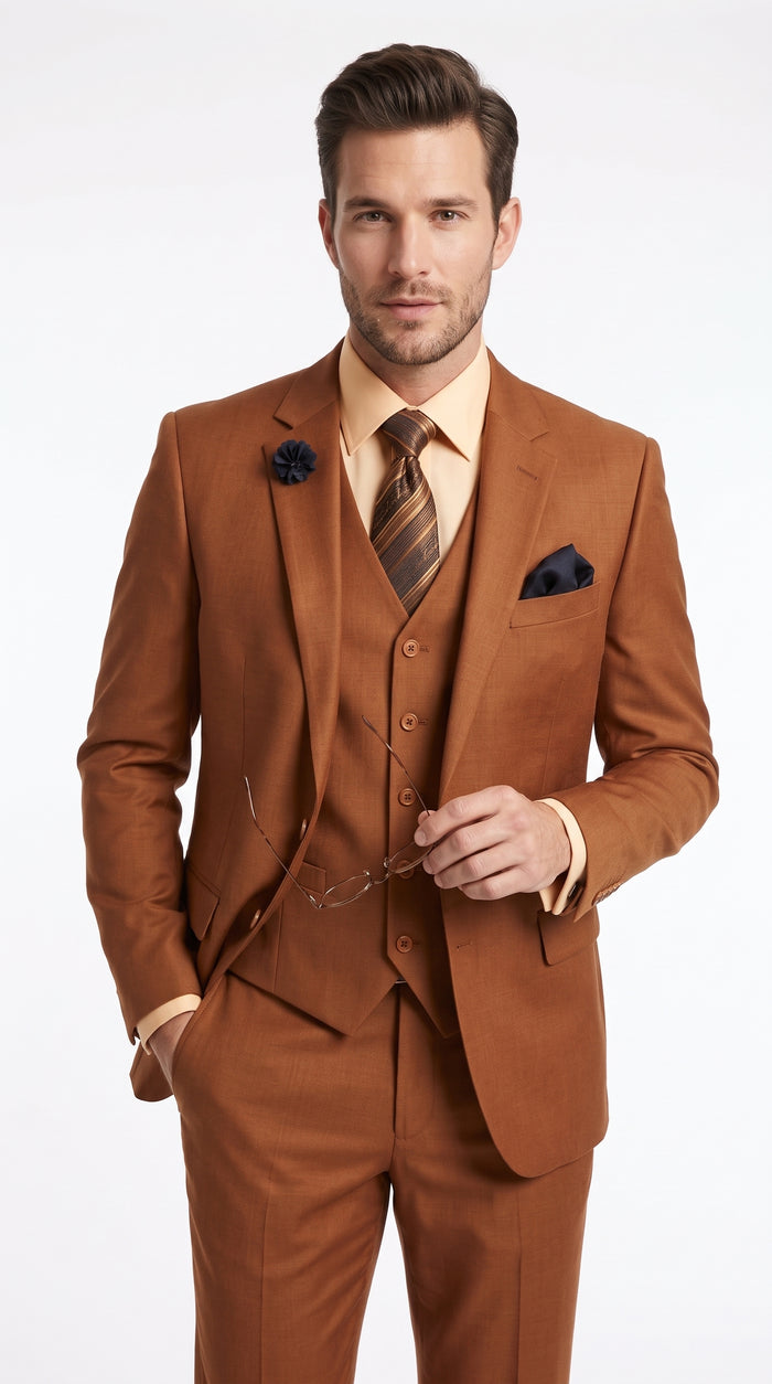 Men’s Copper Rust 3 Piece Vested Suit, Solid 2 Button Formal Wedding Business Suit