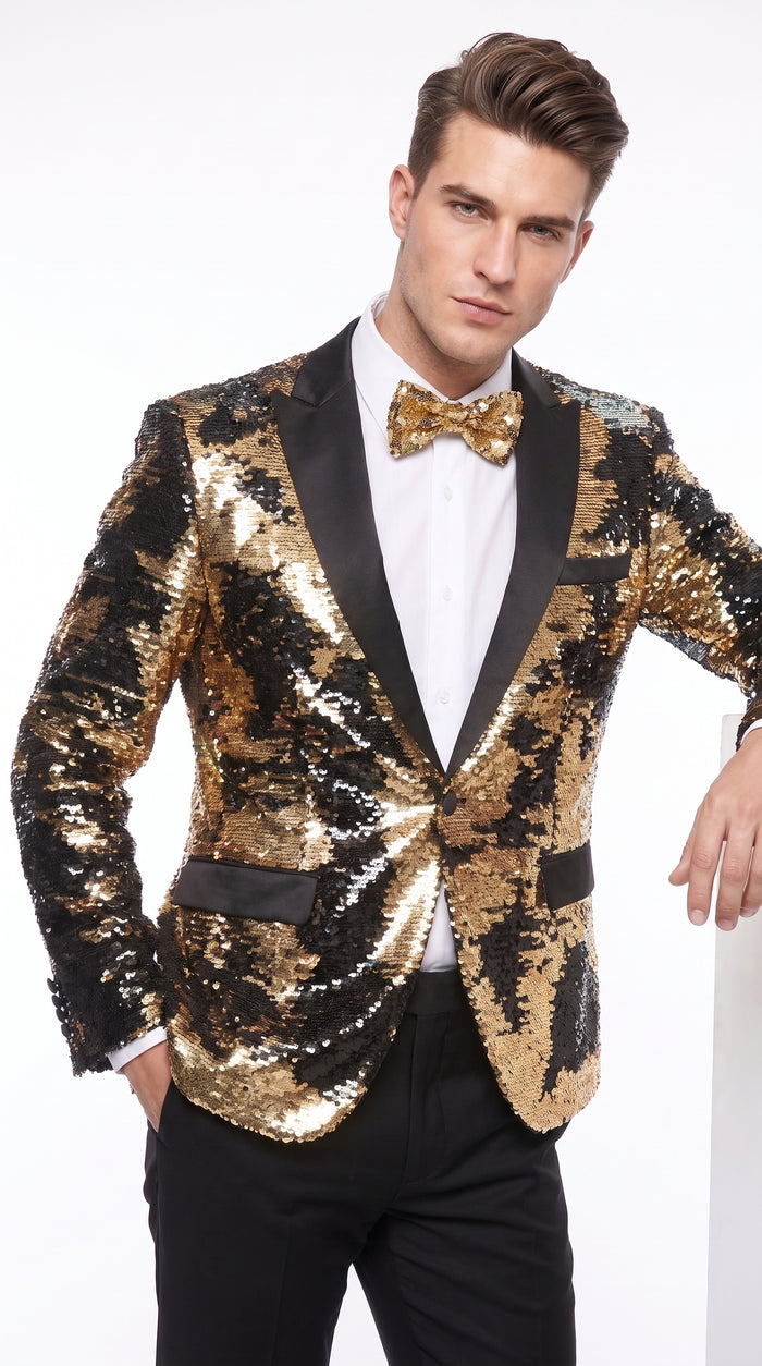 Men’s Big and Tall Black and Gold Sequin Blazer, Shiny Formal Tuxedo Sport Coat with Matching Bow Tie