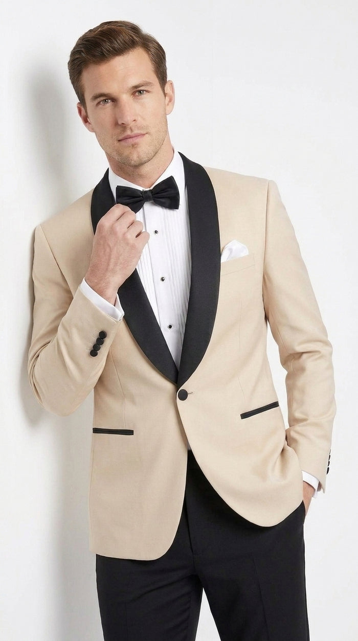 Men’s Champagne Light Tan Tuxedo Jacket with Black Shawl Lapel, One Button Formal Dinner Blazer