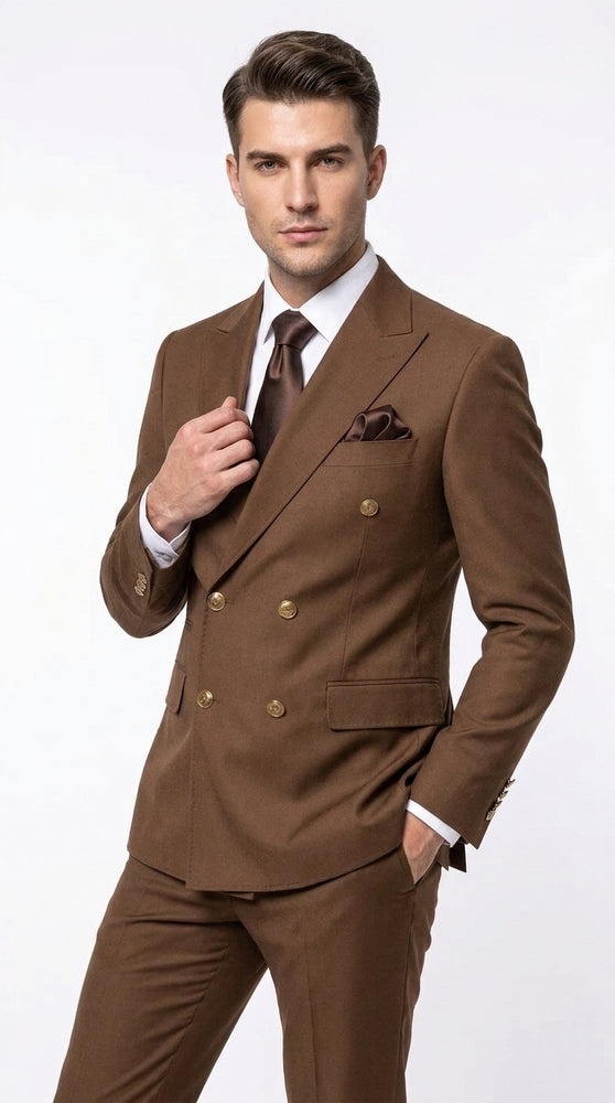 Rossi Man Men’s Brown Double Breasted Suit, Modern Fit Formal Wedding Business Dress Suit