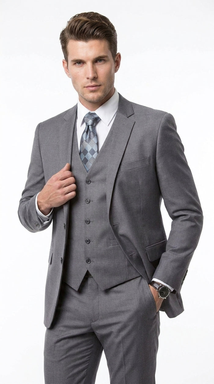 Men’s Charcoal Grey 3 Piece Suit, Notch Lapel 2 Button Vested Formal Business Dress Suit