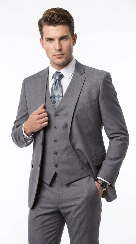 Men’s Charcoal Grey 3 Piece Suit, Notch Lapel 2 Button Vested Formal Business Dress Suit