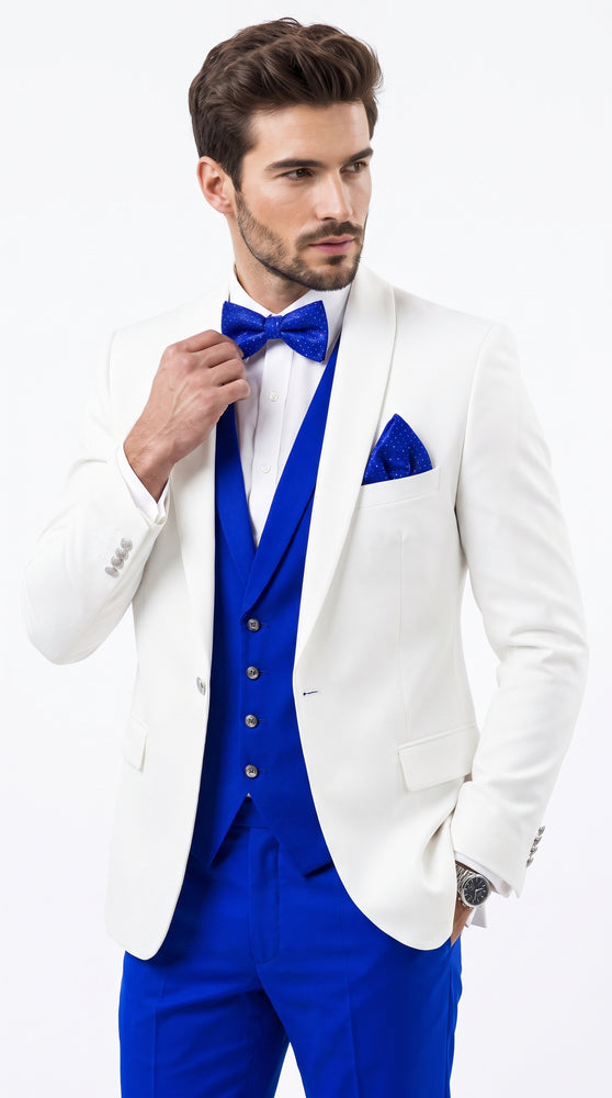 Men’s White and Royal Blue Tuxedo Wedding Suit – White Dinner Jacket with Royal Blue Vest, Pants & Bow Tie