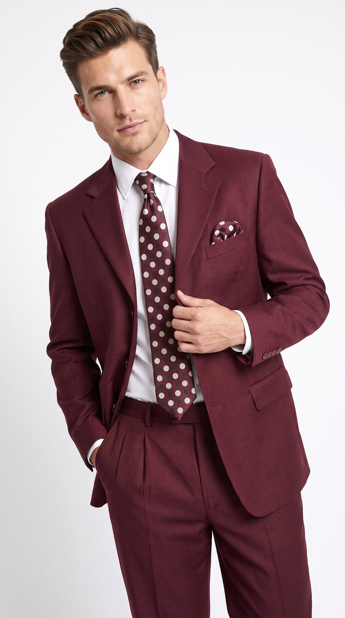 Men’s Burgundy 3 Button Textured Suit, Classic Fit Formal Wedding Business Suit with Pleated Pants