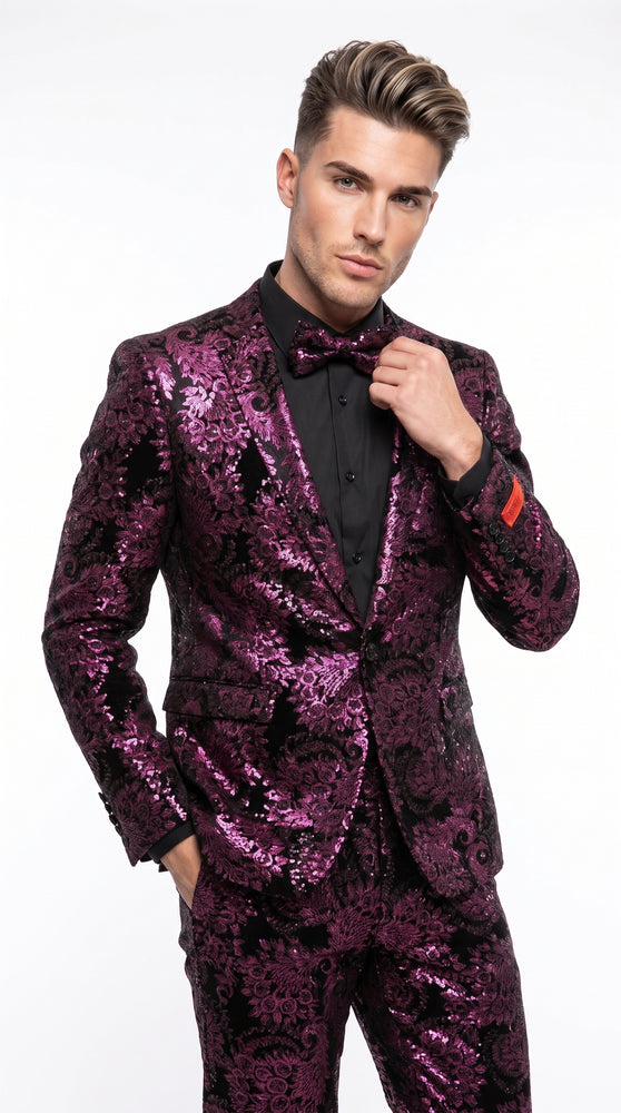 Men’s Black and Deep Pink Floral Tuxedo Suit, Slim Fit 2 Piece Formal Prom Wedding Suit with Bow Tie