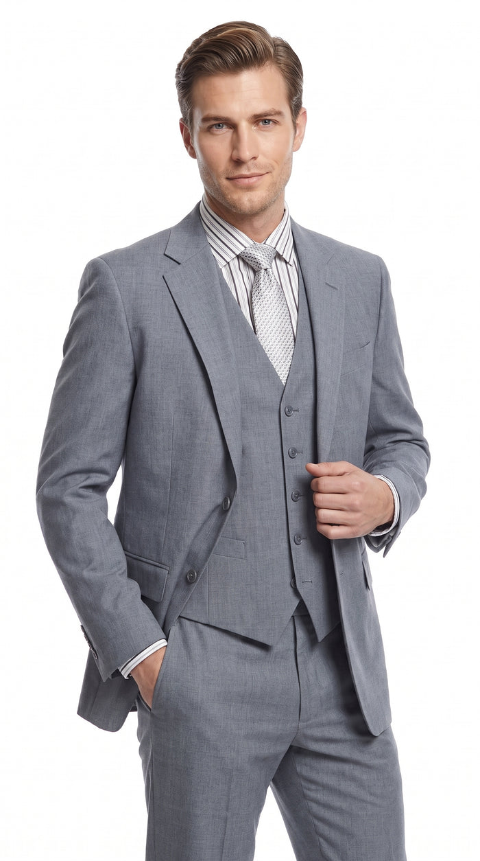 Men’s Mid Gray 3 Piece Suit, Modern Fit 2 Button Vested Formal Wedding Business Suit