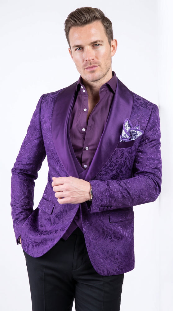 Men’s Purple Paisley Blazer, Floral Sport Coat Formal Party Jacket for Wedding and Prom