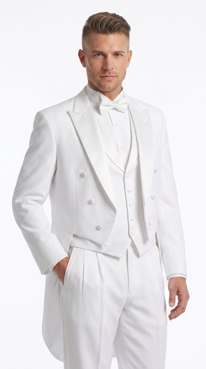 Men’s White Tailcoat Tuxedo with Lapelled Vest, Formal Wedding White Tie Tail Suit