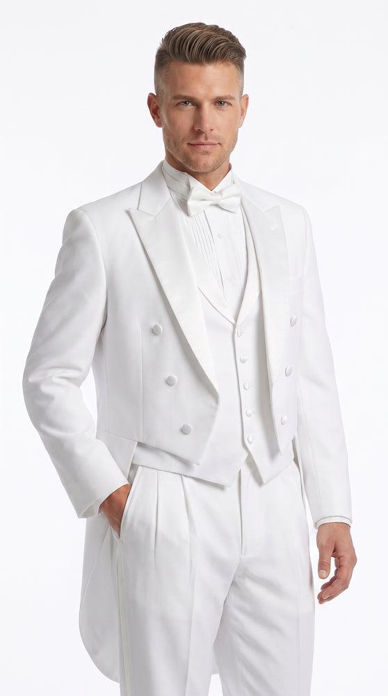 Men’s White Tailcoat Tuxedo with Lapelled Vest, Formal Wedding White Tie Tail Suit