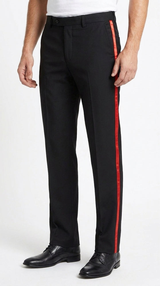 Men’s Black Tuxedo Pants with Red Satin Side Stripe, Classic Fit Flat or Pleated Formal Slacks