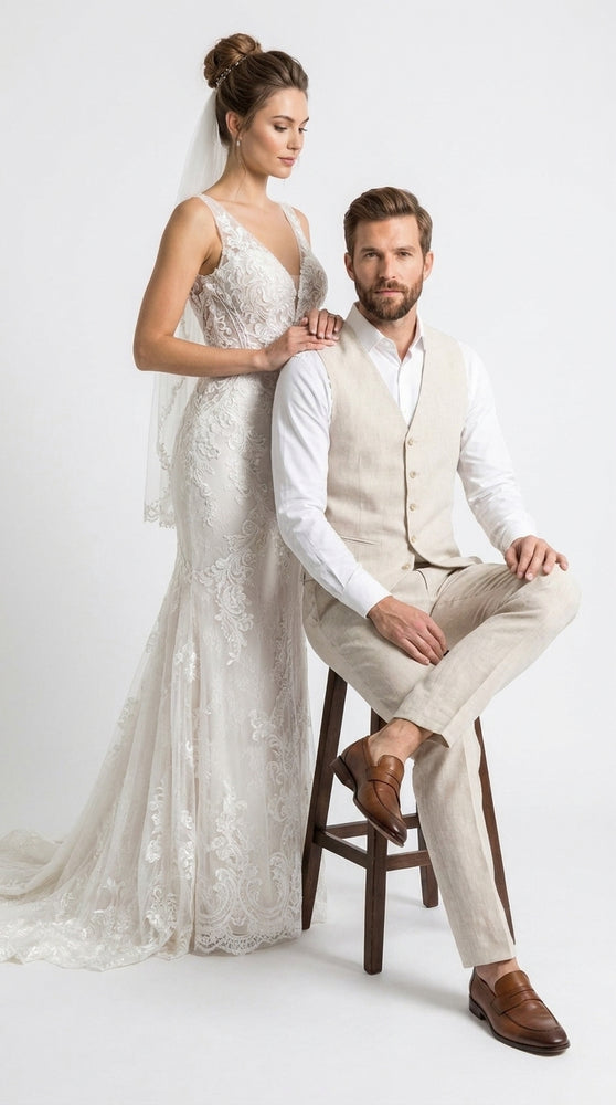 Men’s Ivory Linen Vest and Pants Set – 2-Piece Wedding, Beach and Summer Formal Outfit