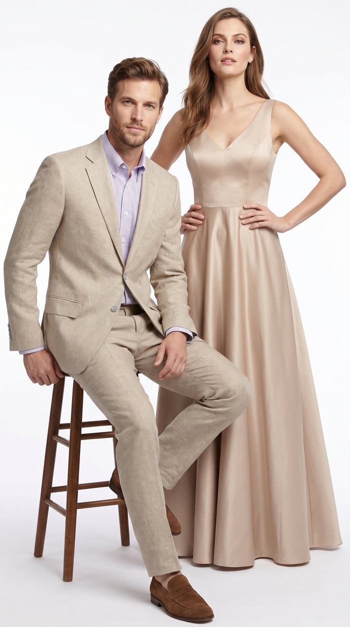 Men’s Beige Natural Big and Tall Linen Suit, Summer Wedding and Business Dress Suit