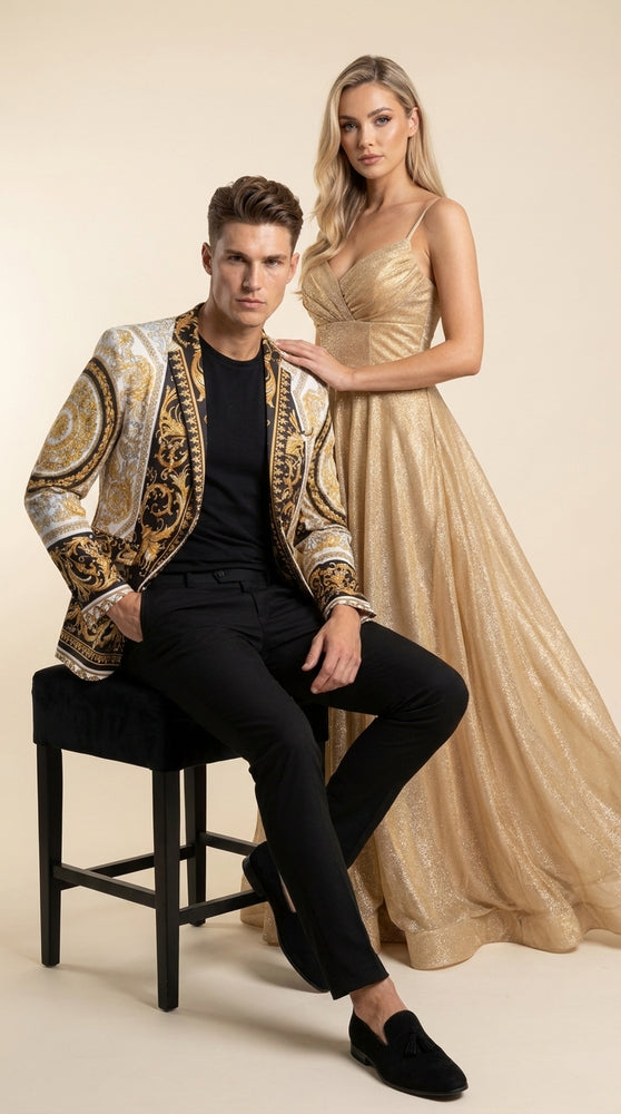 Men’s Black and Gold Baroque Print Blazer – Luxury Yellow Pattern Sport Coat for Wedding, Prom and Party