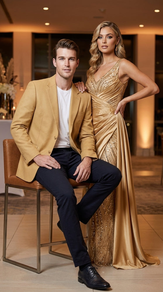 Men’s Gold Blazer – Classic Two-Button Dinner Jacket for Weddings, Parties and Formal Events
