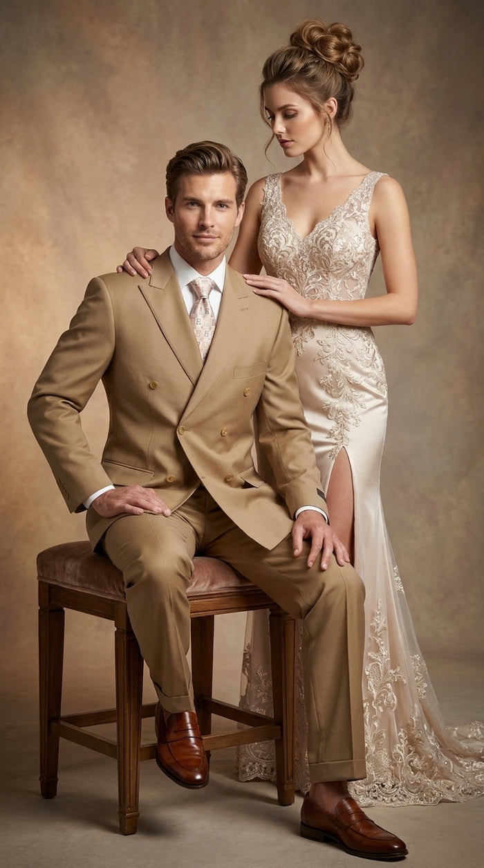 Men’s Khaki Bronze Camel Double-Breasted Suit – Classic Pleated Pants Wedding, Business and Formal Suit