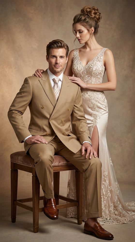Men’s Khaki Bronze Camel Double-Breasted Suit – Classic Pleated Pants Wedding, Business and Formal Suit