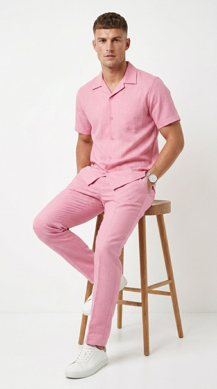 Men’s Lilac Pink Linen Walking Suit with Short Sleeve Shirt and Matching Pants, Summer Casual Outfit