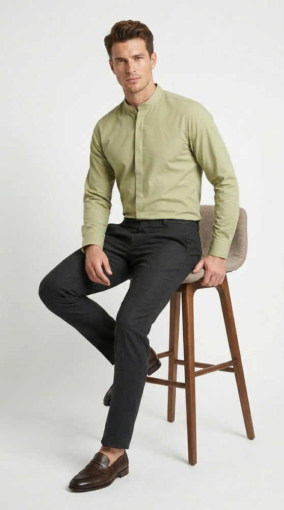 Men’s Tan Mandarin Collar Dress Shirt, Collarless Banded Collar Formal Preacher Shirt