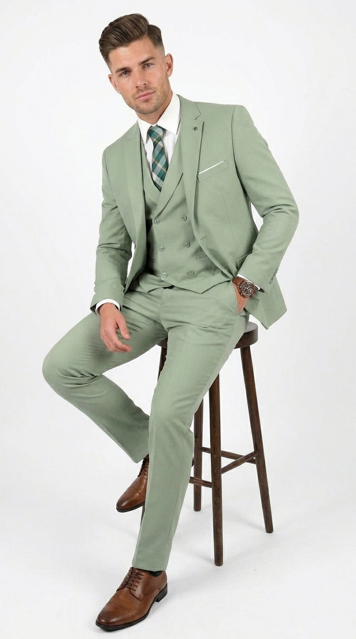 Men’s Sage Green 3 Piece Suit with Jacket, Vest and Pants, Light Green Summer Wedding Suit
