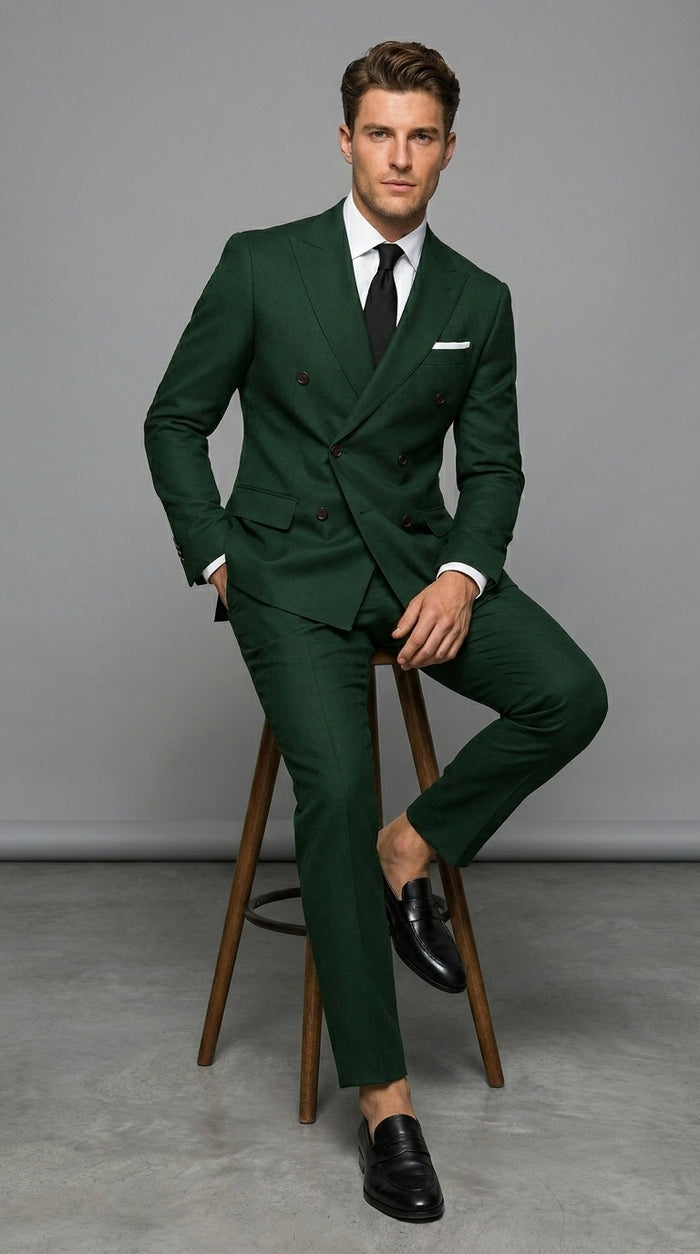 Men’s Olive Green Double Breasted Suit with Gold Buttons, Designer Wool Formal Wedding Business Suit Set