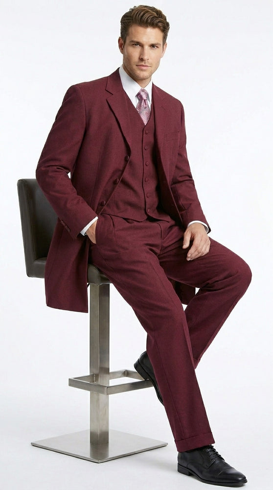 Men’s Burgundy Maroon Zoot Suit with 38 Inch Long Jacket, Wine Color 3 Piece Fashion Suit