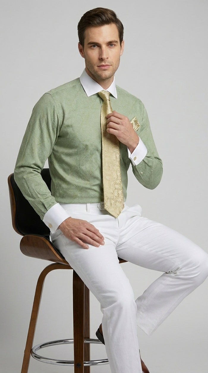 Men’s Apple Green Mini Plaid French Cuff Dress Shirt with Tie and Handkerchief, White Collar Contrast Shirt