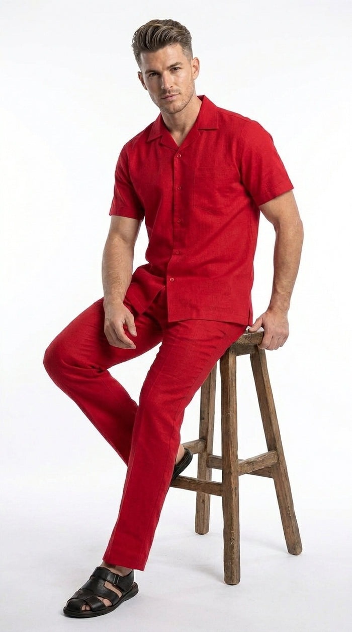 Men’s Red 2 Piece Short Sleeve Walking Suit, Casual Shirt and Pants Set
