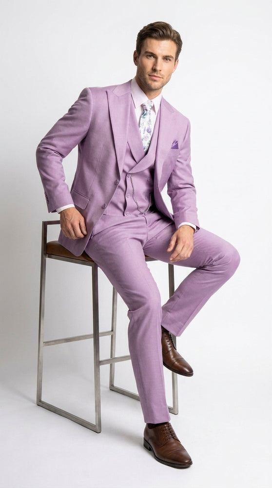 Men’s Lavender Modern Fit 3 Piece Suit, Lapel Vest Wedding Prom Formal Suit with Adjustable Pants