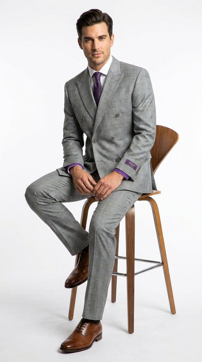 Men’s Grey Glen Plaid Double Breasted Suit, Executive Regular Fit Formal Business Wedding Suit Set