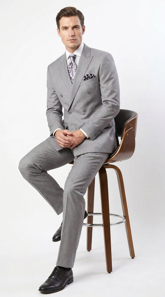 Apollo King Men’s Grey Double Breasted 2 Piece Suit, Pleated Pants Formal Wedding Business Suit Set