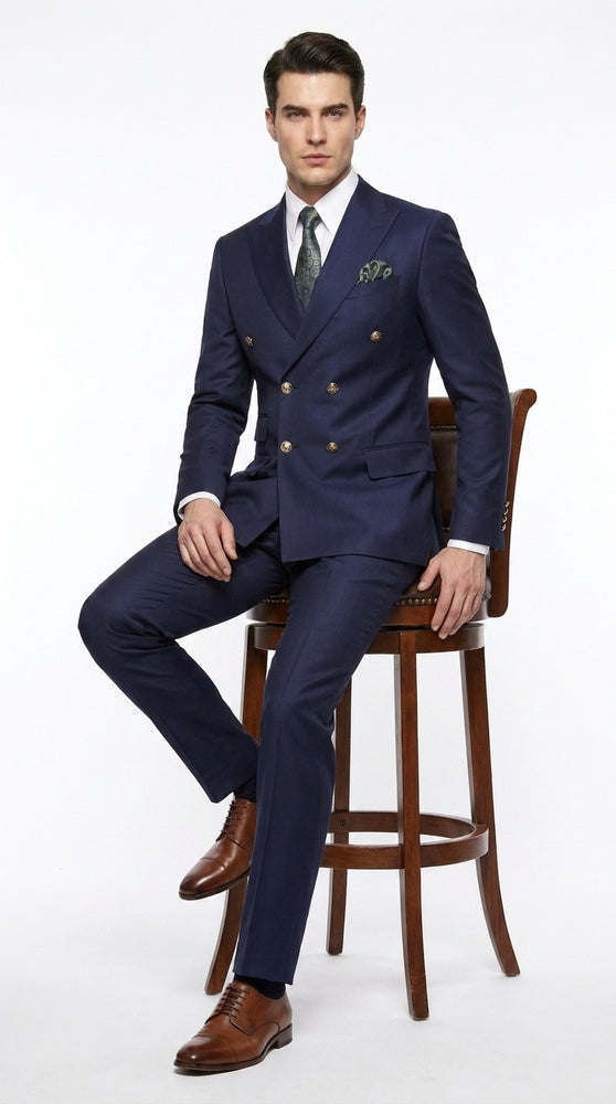 Men’s Navy Blue Double Breasted Suit, Slim Fitted Cut Formal Business Wedding Suit with Flat Front Pants