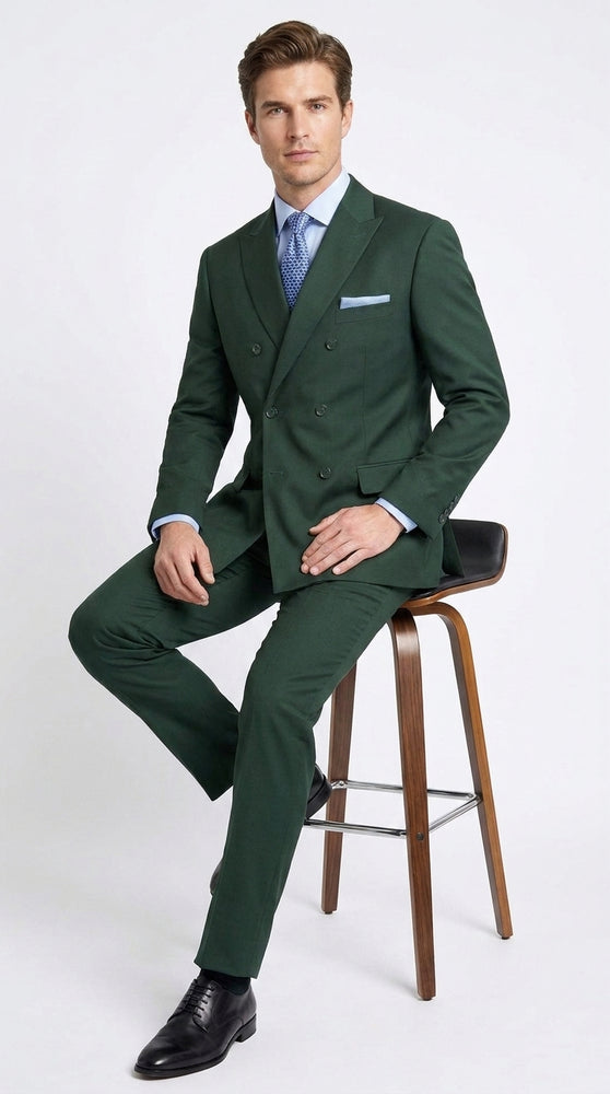 Ramses Collection Men’s Hunter Green Double Breasted 2 Piece Suit, Regular Fit Suit with Elastic Waist Pants