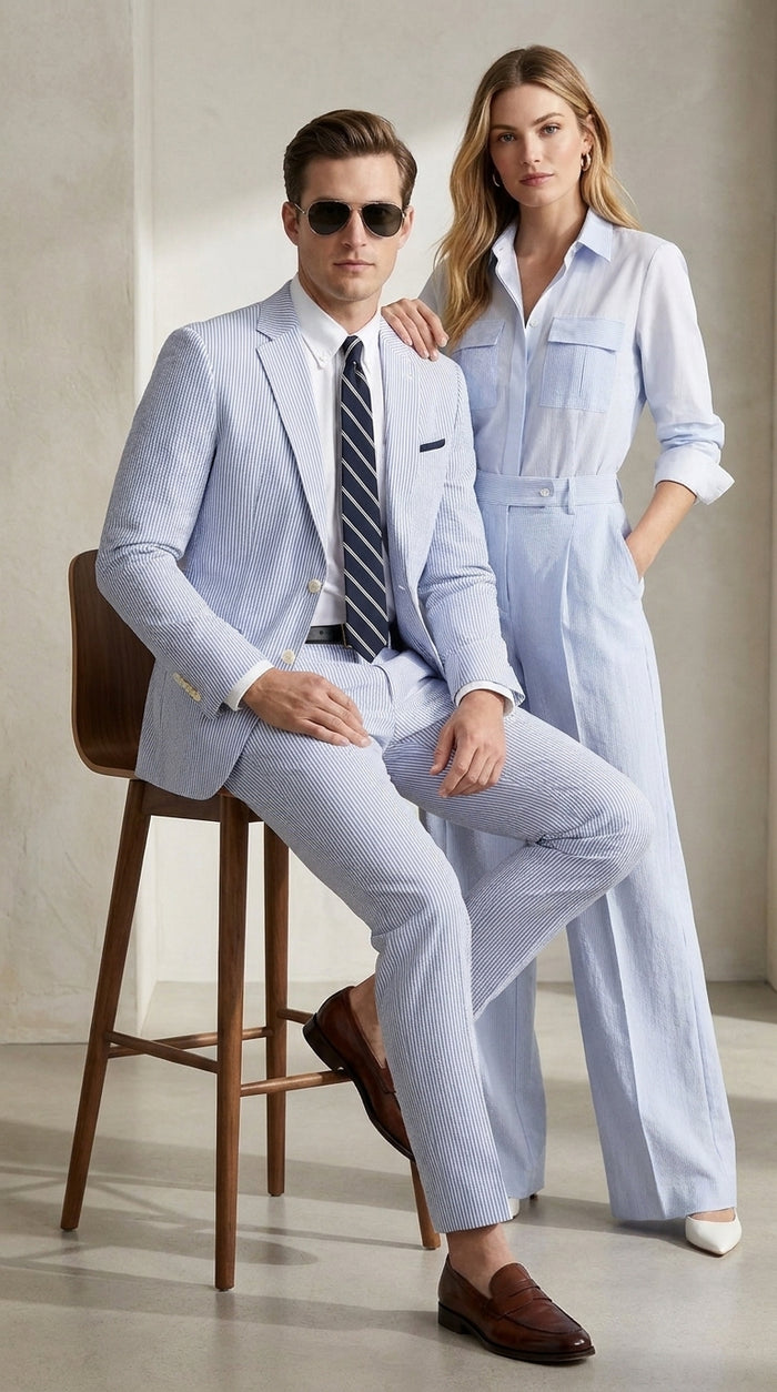 Men’s Dark Navy and White Seersucker Suit, 100% Cotton Classic Summer Wedding Suit