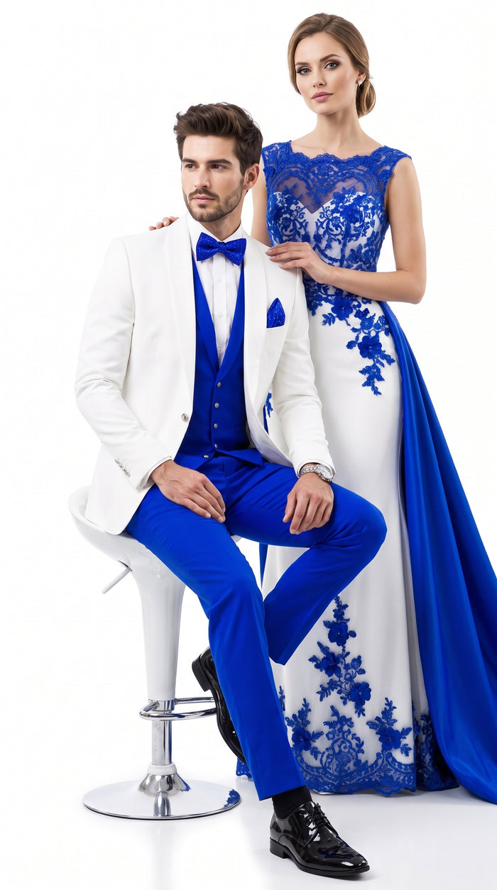 Men’s White and Royal Blue Tuxedo Wedding Suit – White Dinner Jacket with Royal Blue Vest, Pants & Bow Tie
