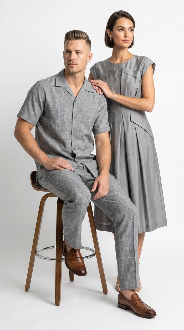 Men’s Grey Walking Suit, Casual Short Sleeve Shirt and Pants Set