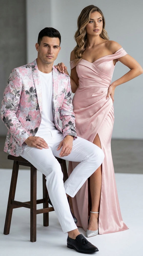 Men’s Pink Paisley Shawl Lapel Prom Tuxedo Jacket, Floral Formal Wedding Dinner Blazer